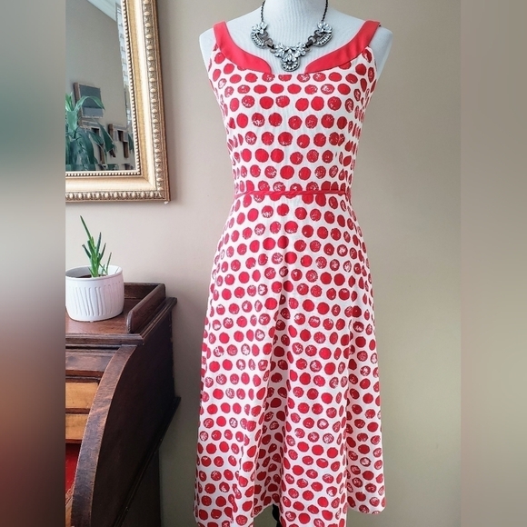 Anthropologie Vintage Elevenses Red Polka Dot Mod Retro Pin-up Midi Dress Size 4 - Picture 2 of 8